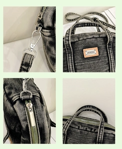 Vues détaillées du sac en jean délavé avec ferrures argentées, fermeture et logo