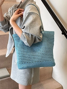 Summer blue crochet woven tote bag with hollow design for beach and casual commute outfits