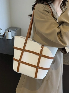 Retro Large Capacity Women PU Leather Tote Bag Casual Shoulder Bag With Rivet Contrast Stitching Metropolitan Handbag