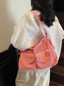 Sac cabas rose en velours côtelé avec poches multiples au style décontracté chic