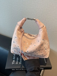 Chic pink satin dumpling handbag with sparkling rhinestones and metal handle