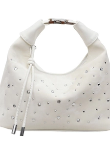 Chic white pleated crescent hobo bag with sparkling rhinestones and metal buckle handle