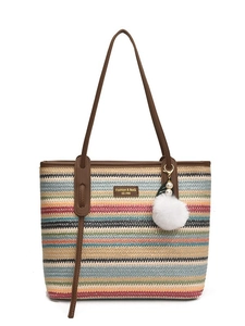 Bohemian large straw beach tote bag with colorful stripes and fuzzy pompom charm