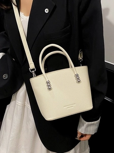 Women Minimalist PU Leather Bucket Bag Pebble Pattern Crossbody Handbag With Metal Bead Handle Small Fashion Shoulder Bag
