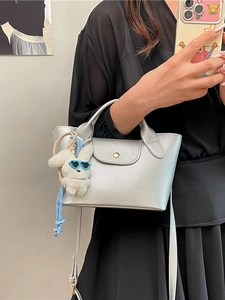 Silver lychee grain leather mini tote bag with rabbit charm and gold buckle detail