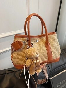 Sac Seau en Paille Tissée pour Femmes Avec Bordure en Cuir Bandoulière Large Charme d'Ours Petit Sac à Bandoulière Sac de Plage