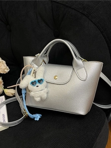 Silver pebble leather mini tote bag with cute bunny pendant and gold round snap closure