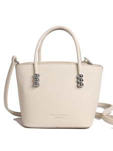Elegant cream white lychee pattern leather bucket handbag with silver hardware details