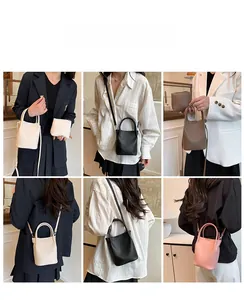 Litchi pattern bucket bag in four colors shown with matching pouches on model