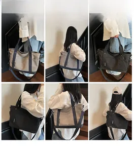 Detailed views of multi-way canvas tote bag shown by model in black and khaki colors