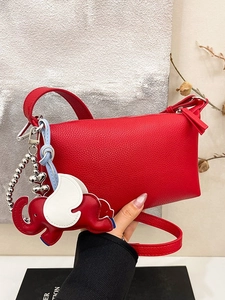 Borsa a Tracolla da Donna in Pelle PU con Trama Litchi Borsa a Cuscino Casual con Cerniera e Ciondolo Elefante Stile Urbano