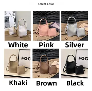 Litchi pattern bucket bag and pouch set available in six elegant fashion colors