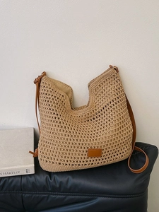 Women Woven Shoulder Bag Large Capacity Hollow Crochet Tote Bag Summer Beach Vacation Casual Underarm Bag With PU Strap