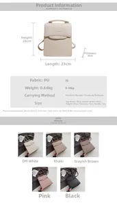 Detailed size chart and multi-color options for the large capacity PU shoulder handbag