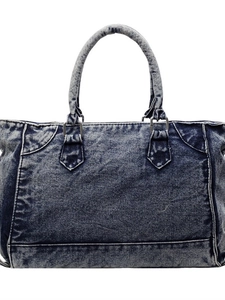 Grand sac cabas en denim lavé bleu foncé avec poignées solides et détails métalliques