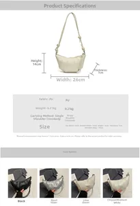 Detailed size specifications and color options for the stylish PU crescent crossbody bag
