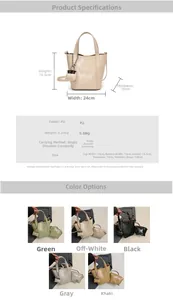 Detailed size specifications and color options for the stylish PU leather bucket bag set