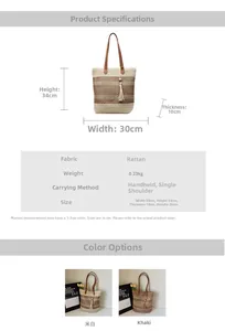 Détail d'un sac cabas en paille tissée avec poignées en cuir marron et décor de pompons