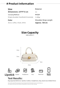 Detailansicht der weißen Umhängetasche mit Maßen 23x9x13cm und PU-Material-Info