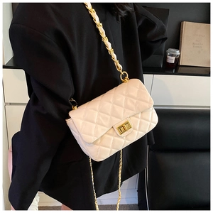 Detail of a beige quilted crossbody bag with a gold twist lock and chain strap worn on black blazer