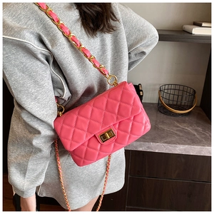 Detail of pink quilted crossbody bag with gold twist lock and woven chain strap on model
