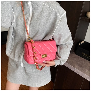 Fashionable bright pink quilted crossbody bag with gold twist lock and chain strap detail