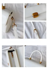 Detailansicht der weißen Handtasche mit goldenen Beschlägen, Klappverschluss und Schultergurt