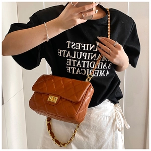 Brown quilted crossbody bag with gold chain strap shown in a mirror selfie