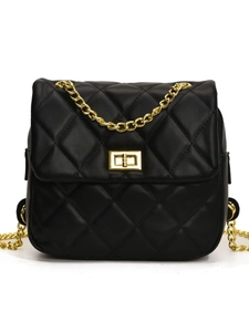 Classic black quilted leather backpack with rhombus pattern and gold chain straps