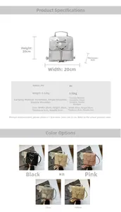Detail specifications of PU leather mini backpack with dimensions 20x20x8cm and multi-wear options