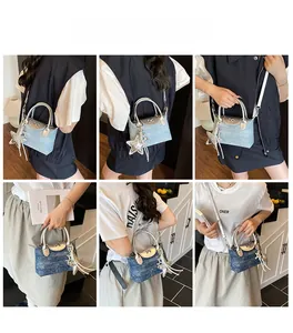 Detailed views of mini denim crossbody bag showing handheld and shoulder carrying styles