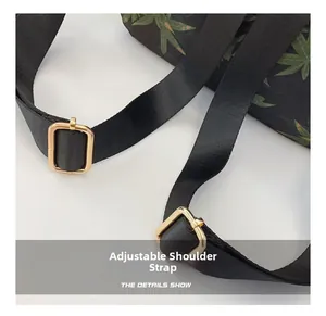 Detail of adjustable black nylon shoulder strap with polished gold-tone metal buckles