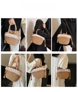 Lace-trimmed straw tote bag featuring colorful polka dots and natural woven details