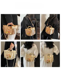Lace straw basket bag with flower accents shown in various carrying styles and angles