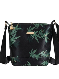 Waterproof nylon crossbody bag with green leaf print and adjustable wide strap