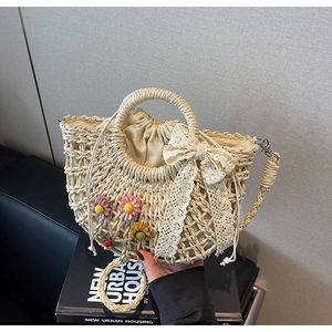 Detailed straw woven bag featuring delicate white lace bow and handmade floral accents