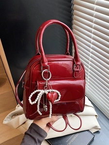 Women Fashion Patent Leather Mini Backpack Korean Style Small Square Bag Multi-Way Handbag Crossbody With Artificial Pearl Bow Heart Charm
