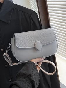 Minimalist grey litchi texture leather shoulder bag for women with elegant flap design