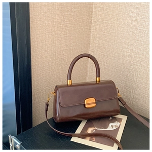 Detail der braunen Vintage-Handtasche mit goldenem Metallverschluss und Tragegriff
