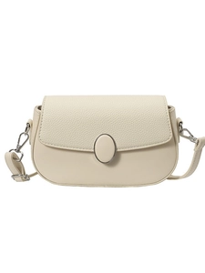Minimalist beige crossbody saddle bag with litchi texture flap and metal buckle