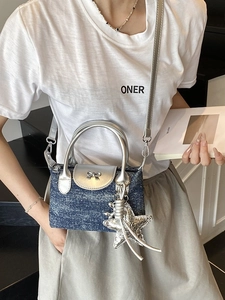 Women Denim-Look PU Leather Mini Shoulder Bag With Metallic Star Pendant Bowknot Y2K Style Crossbody Handbag For Summer