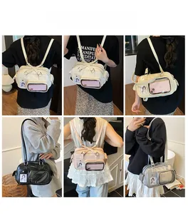 Detailed views of mini bowling bag in four colors showing backpack and shoulder carry styles