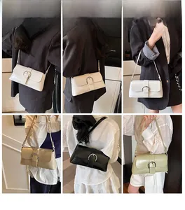 Collage of chic rectangular shoulder bags in white, beige, black and green shown on models