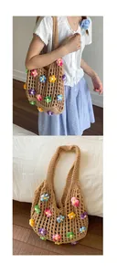 Détails du sac cabas en crochet avec fleurs 3D colorées et texture de tricot douce