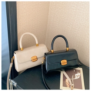 Nahaufnahme beiger und schwarzer Handtaschen mit Vintage-Goldmetallschnallen