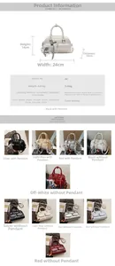 Infographic showing Boston bag dimensions, PU material specs, and color options with charms