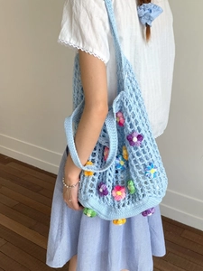 Sac à Épaule Floral Fait Main au Crochet Grande Capacité Cabas en Laine Ajouré Bohème Plage Été Femme Bijoux