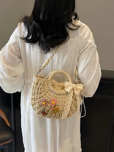 Lace straw bag with colorful 3D flower decor and ribbon for beach vacation styling