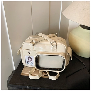 Close-up of beige multifunctional bag with transparent PVC window for badge display