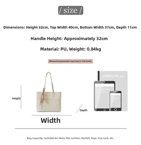 Detailed size chart for beige PU tote bag showing dimensions and capacity with A4/iPad